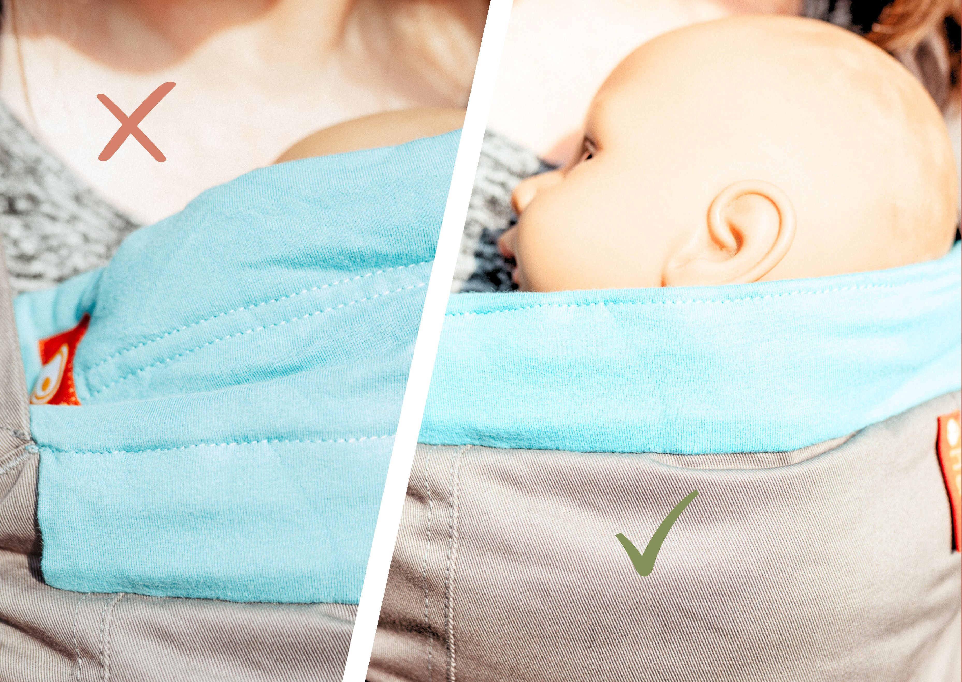 This image is a tutorial showing how to not cover a babies airways with a blue and grey baby carrier