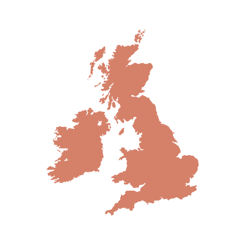 A Map of the uk in salmon pink against a white background.