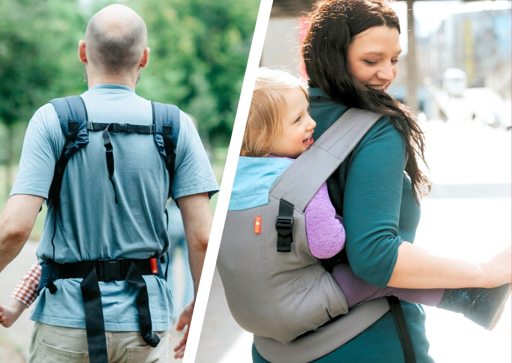 Two image one of a man the other of a women shows some of the different ways the hana baby expand can be worn to carry babies and toddlers.