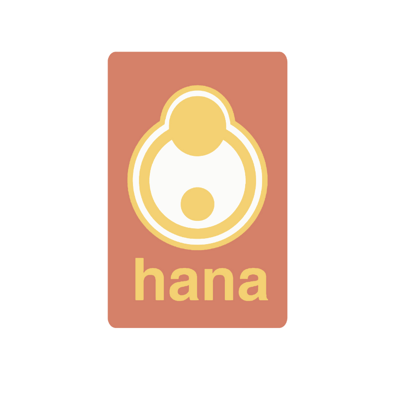 The Logo is a muted orange and yellow logo. The graphic resembles a person shape with a baby on their front. Underneath the graphic is the words Hana.