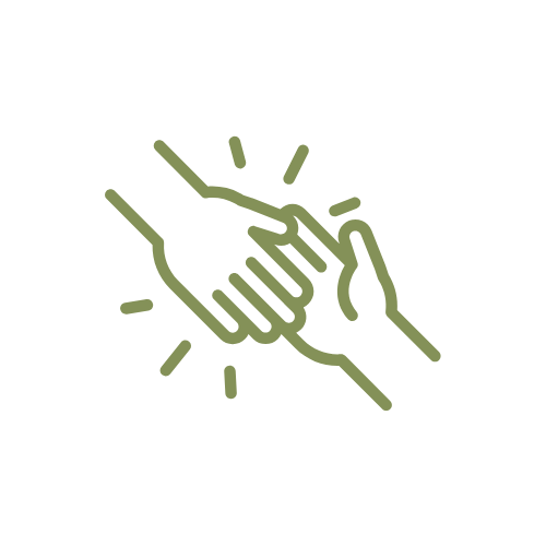 An icon of two hands joining in green against a white background. Symbolising a helping hand