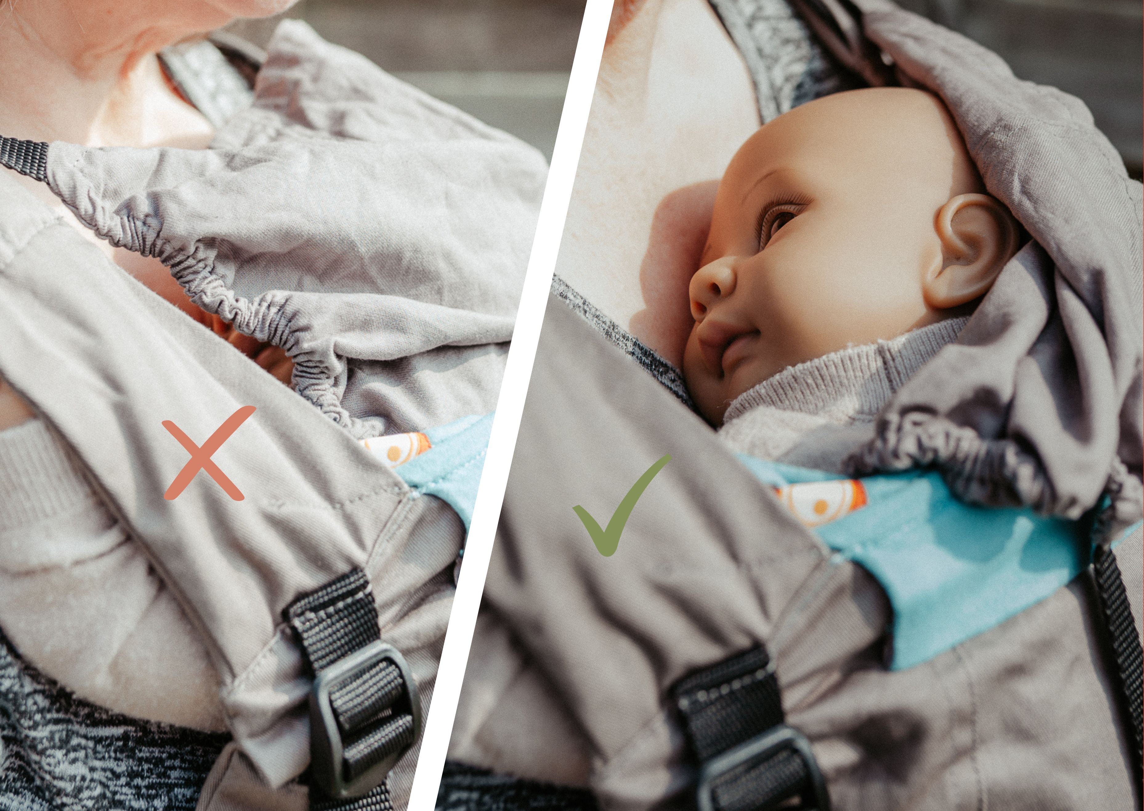 The image demonstrates a doll simulating a baby and how not to cover the babies airways with the carrier hood. The baby carriers grey with a blue pannel.
