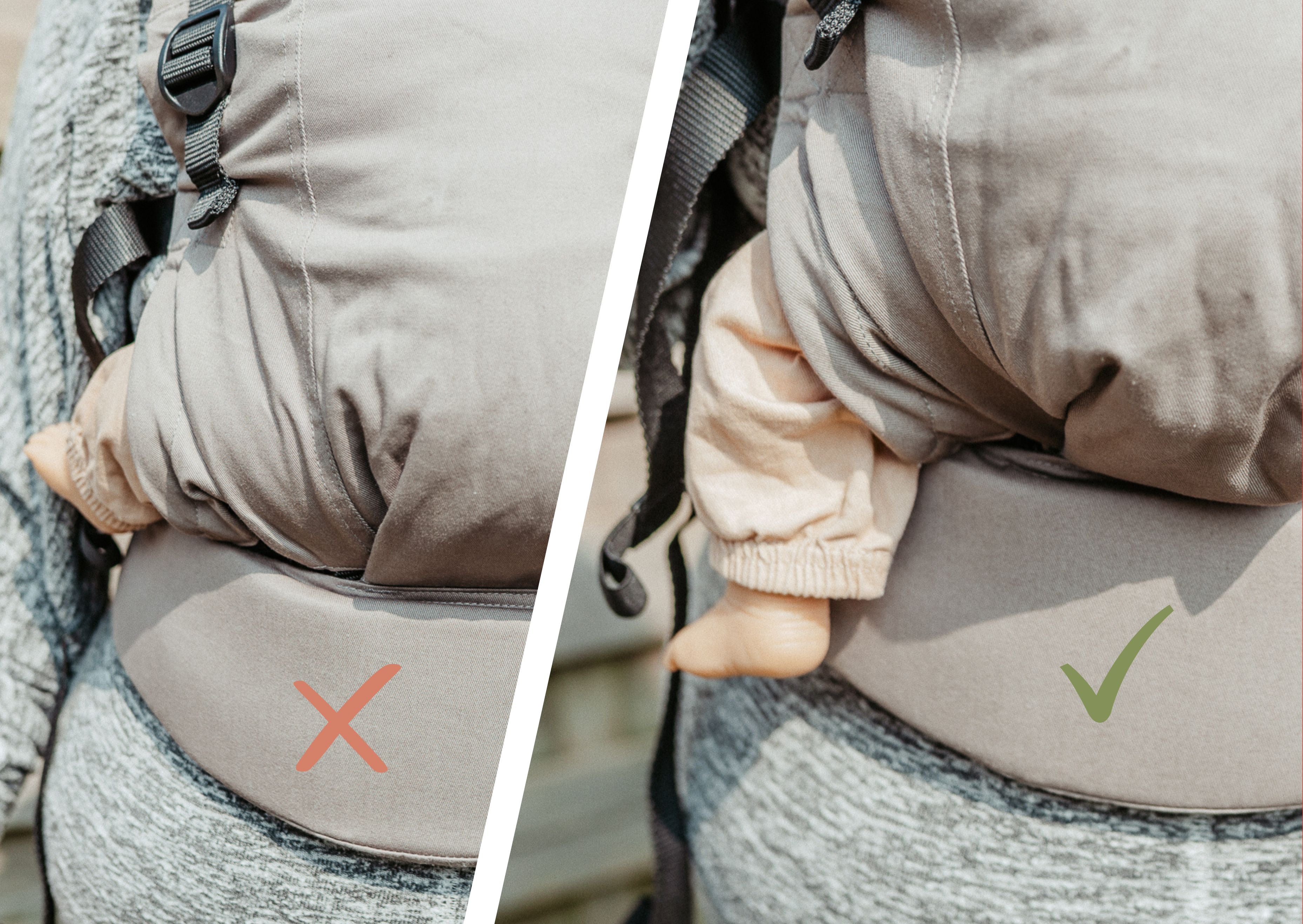 These side by side images show how to position a baby in a baby carrier in a safe way. One show's an unergonomic seated position. The other shows the carrier in the correct position behind babies knee pit.