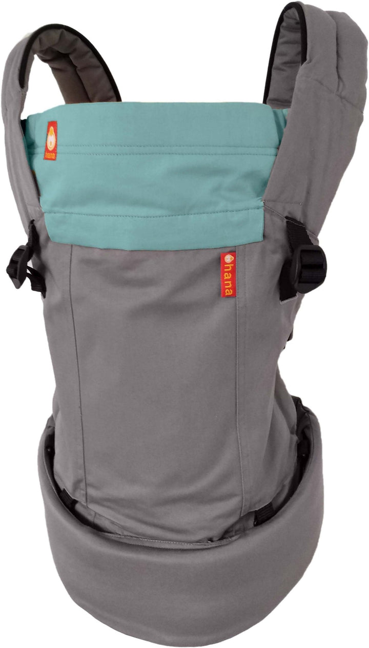 Grey and blue Hana Baby Expand baby carrier ergonomic, adjustable soft-structured baby carrier suitable for newborns to toddlers, ideal for parents in the UK seeking comfort and support
