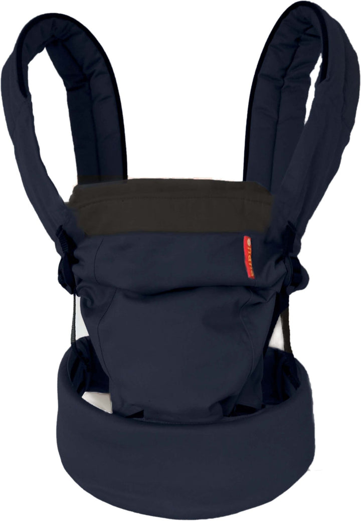An image of the han baby expand in the colour combination navy and charcoal against a white studio background. It's one of the best carrier for infants given it is so adjustable.