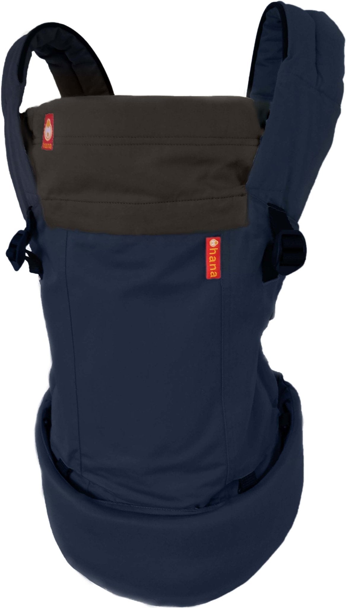 The hana baby expand can be fully adjusted to accommodate newborns making it one of the easiest newborn carriers. This navy carrier is on a white studio background.