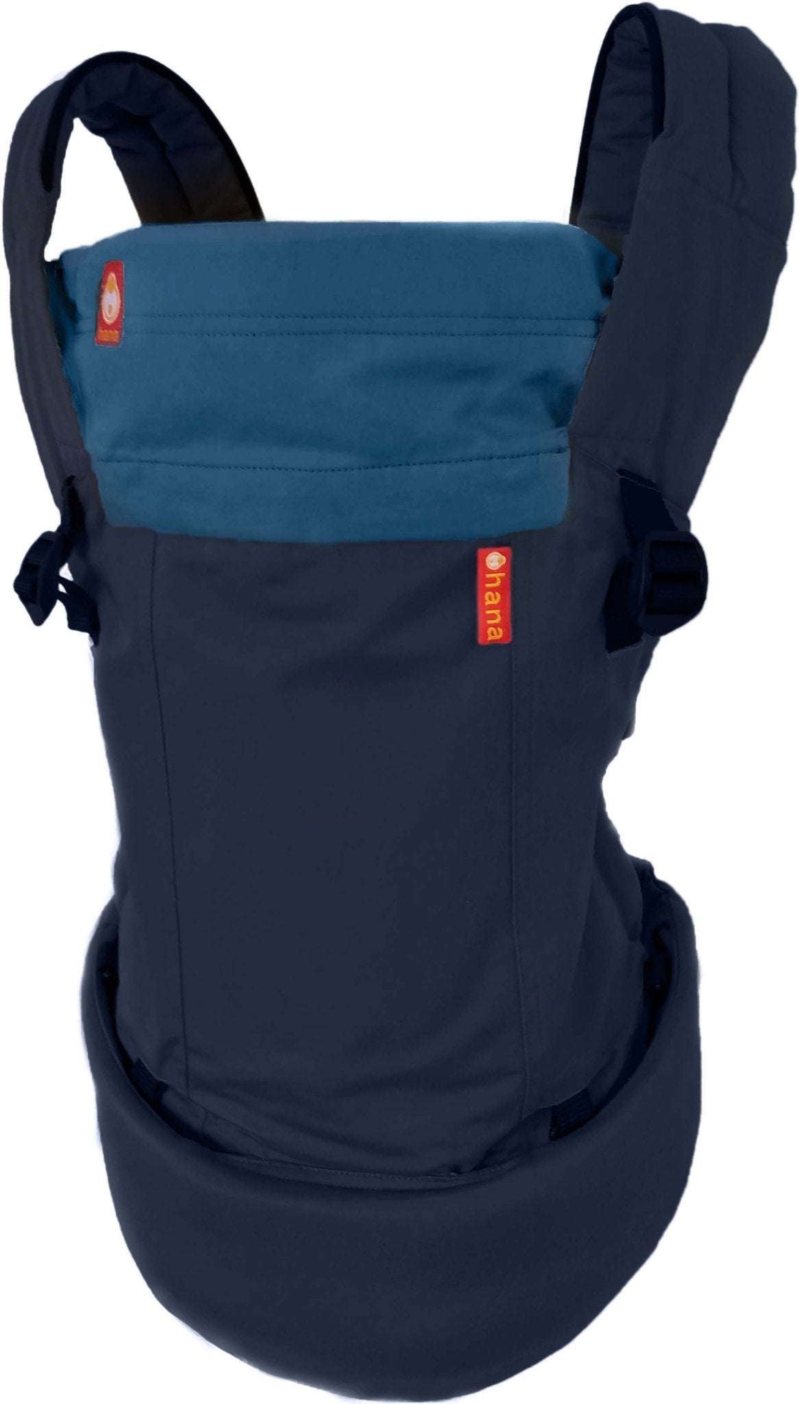 This is a navy ergonomic newborn carrier against a white studio background.