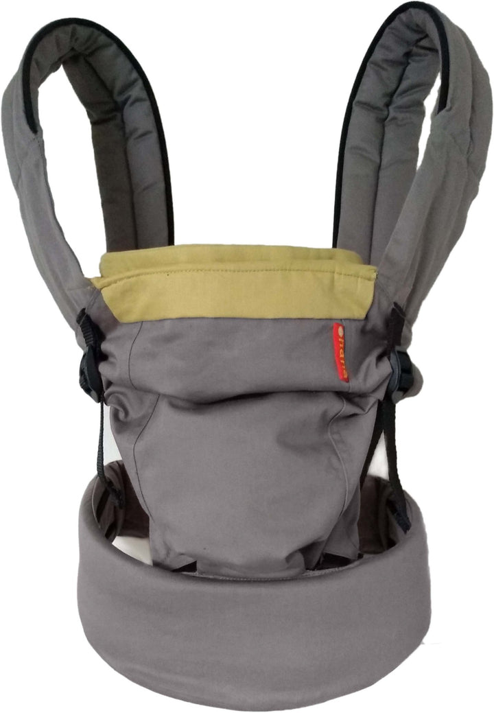 This image is of a hana baby expand in grey and yellow adjusted to its smallest size making it a newborn carrier.