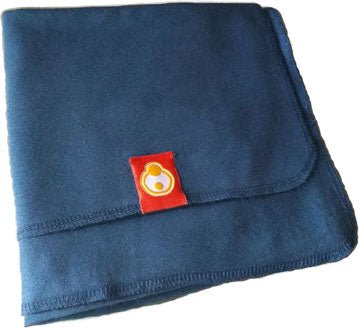 Navy blanket with a red and yellow logo on a white background