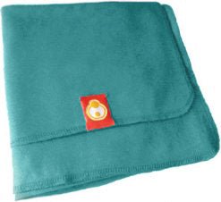 Teal blanket with a hana baby tag featuring a yellow logo on a white background